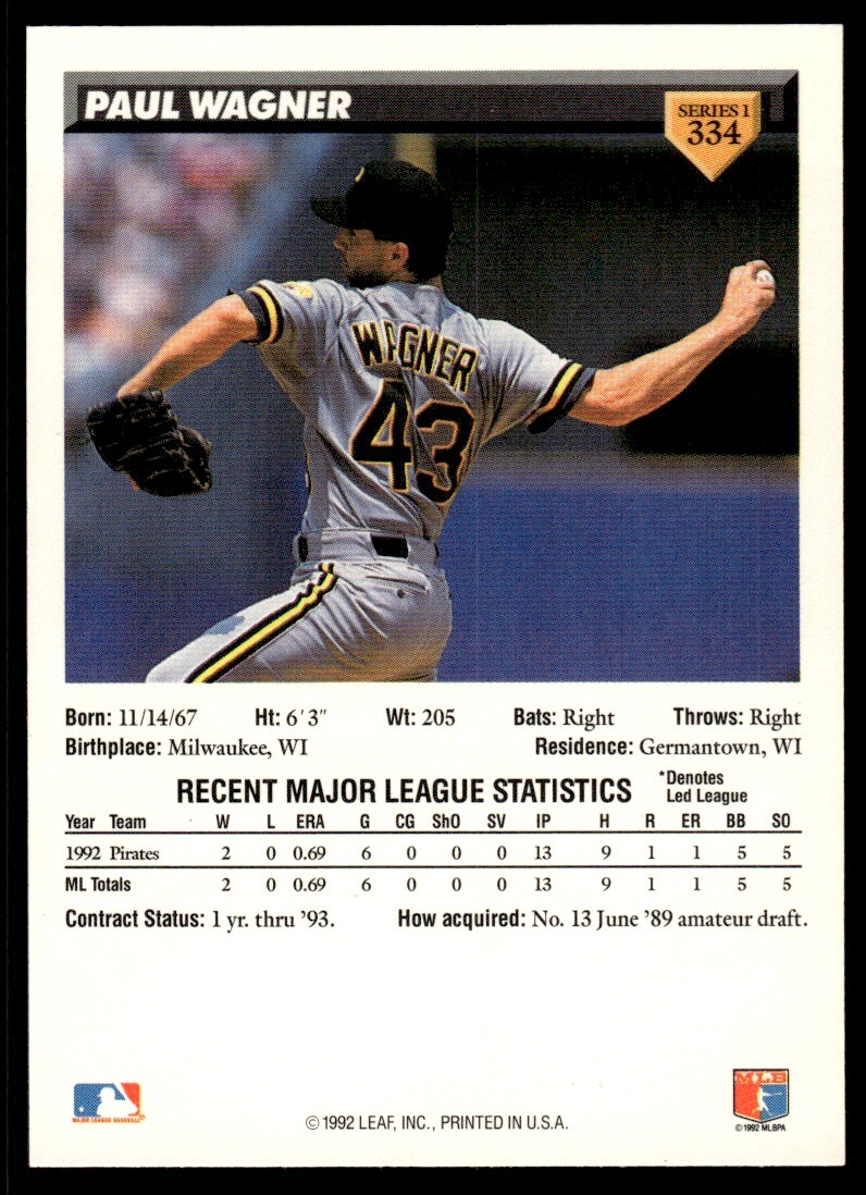 1993 Donruss Baseball Card Paul Wagner Pittsburgh Pirates #334 | eBay