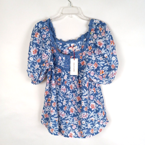 Solitaire Puff Sleeve Top Small Blue Floral Crochet Lace CottageCore NWT