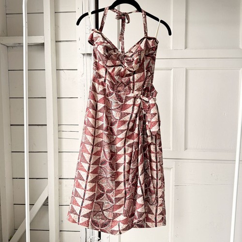 Vintage 50s Brown Silk Hawaiian Tiki Print Sarong Pinup Halter Dress XS - Picture 5 of 11