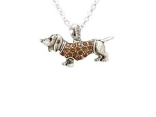 Dachshund Weenie Dog Breed Brown Crystal Charm Silver Chain Necklace Jewelry