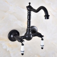 Oil Rubbed Bronze Bathroom Basin Sink Faucet Dual Handles Mixer Tap Wall Mount