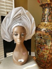Aso-Oke African Headtie Auto Gele, Ready Made Gele White with touch of silver 