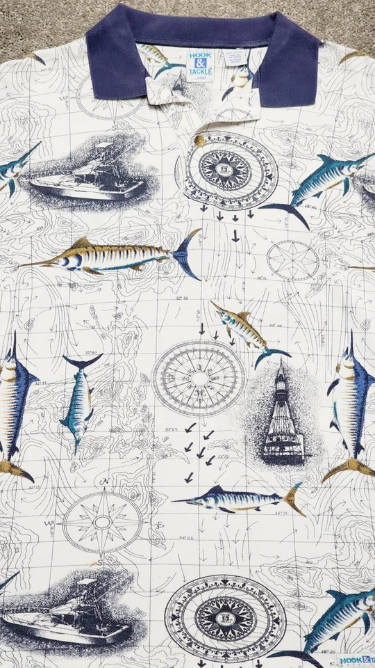 VTG Hook And Tackle Nautical Fishing Polo Shirt Mens L Ocean Map Marlin - Image 4 of 4