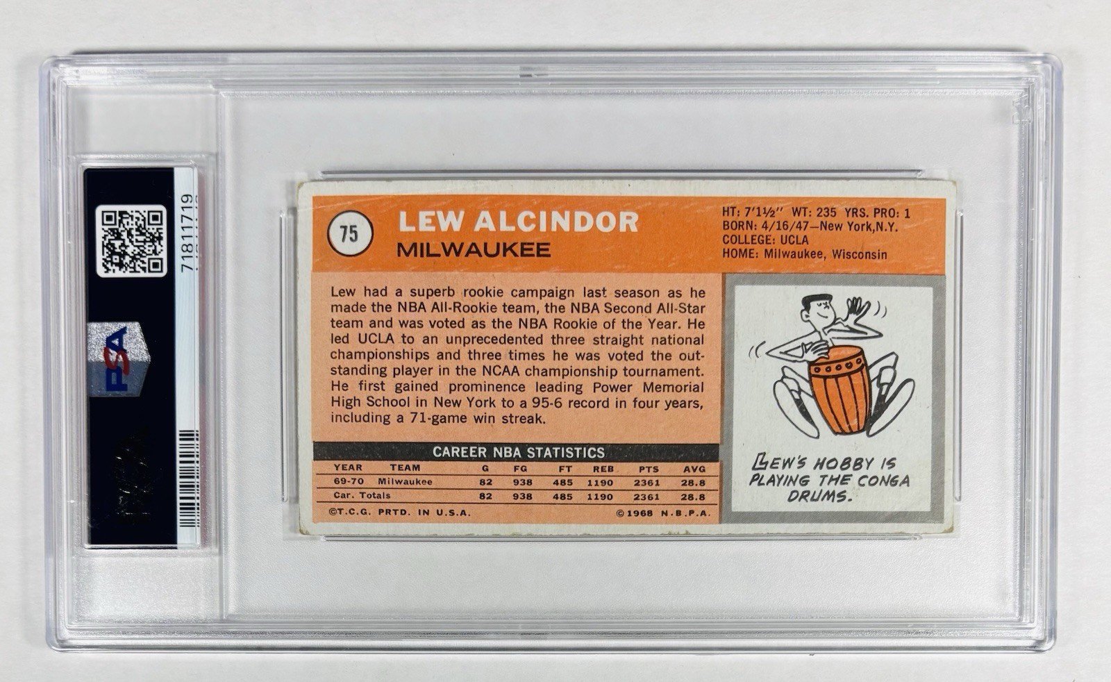 1970-71 Topps Lew Alcindor #75 PSA 2 Basketball Card HOF Bucks VTG    Nice Color view 2