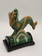 Early 20th c Chinese Glazed Ceramic Fish Roof Tile Antique Green Gold G