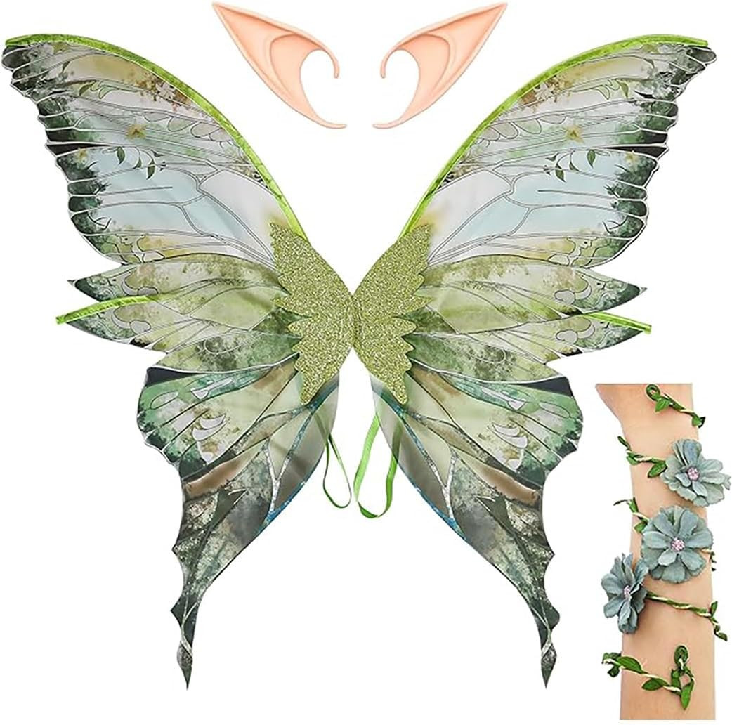Alas de hadas para adultos, conjunto de disfraces de hadas con orejas de elfo y envoltura de brazo de flor de hadas