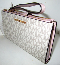 Michael Kors Jet Set Double Zip Wristlet Wallet Powder Blush Logo Phone NWT 178