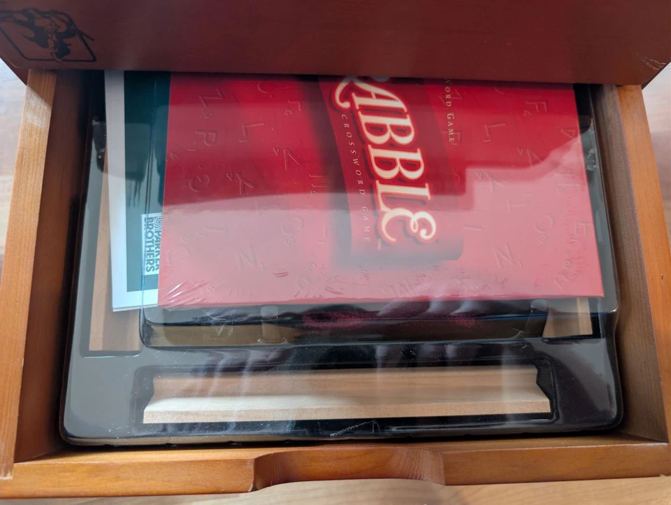 VTG Parker Bros Wooden 3 Drawer Game Box Mahogany Finish Monopoly Clue Scrabble - Image 3 of 4