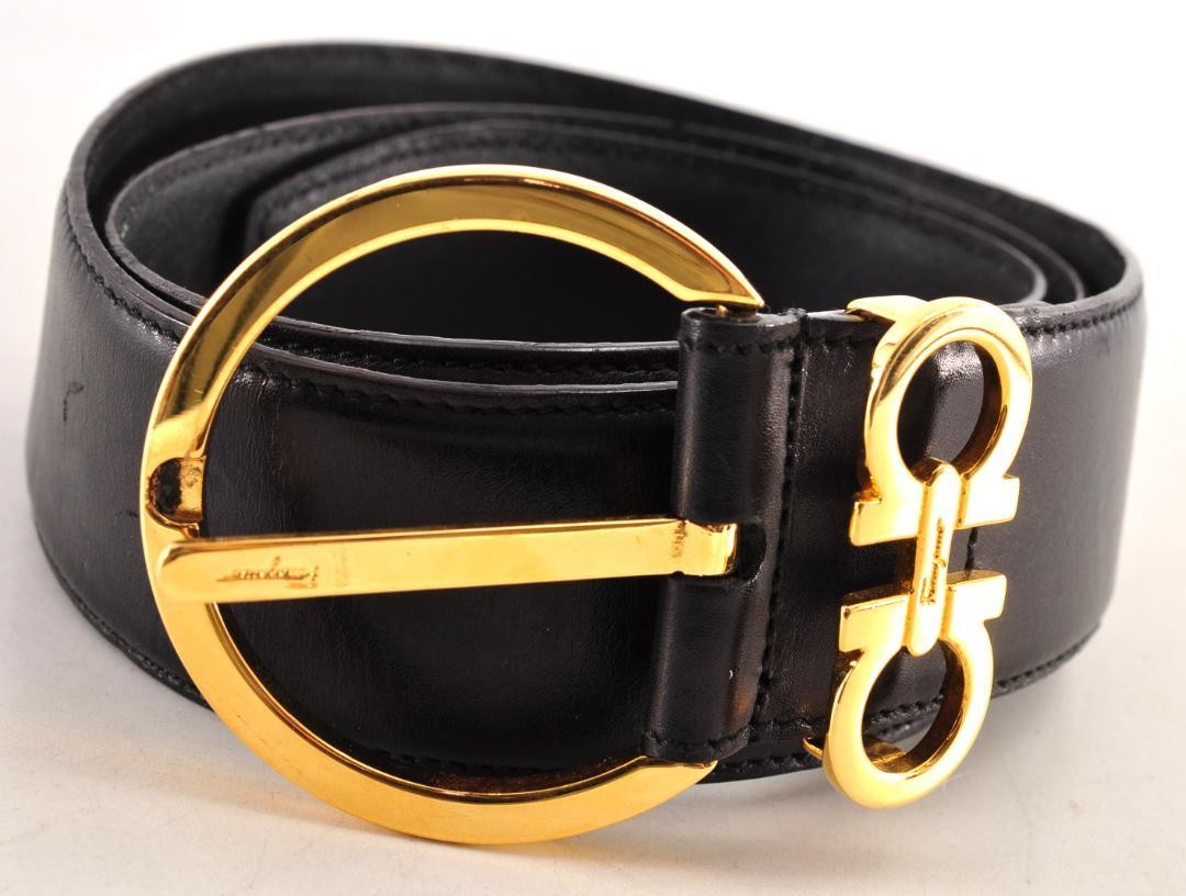 Salvatore Ferragamo Black Leather Gancini Waist Belt with Gold Buckle for Women