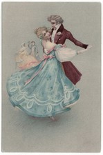 UNUSED PRE 1905 ELEGANT REGENCY FASHION COUPLE DANCING THE WALTZ AT BALL