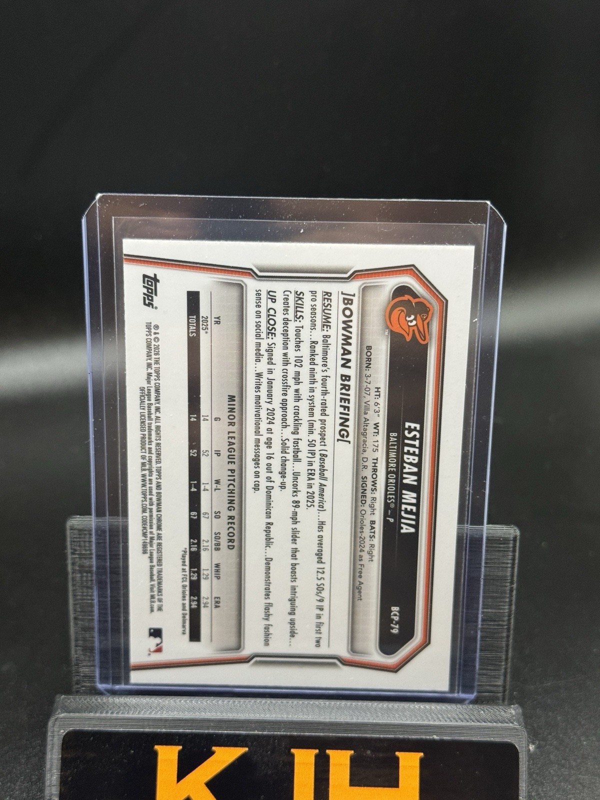 2026 Bowman Chrome 1st - Esteban Mejia - Orioles Yellow Mojo Refractor /75 view 2