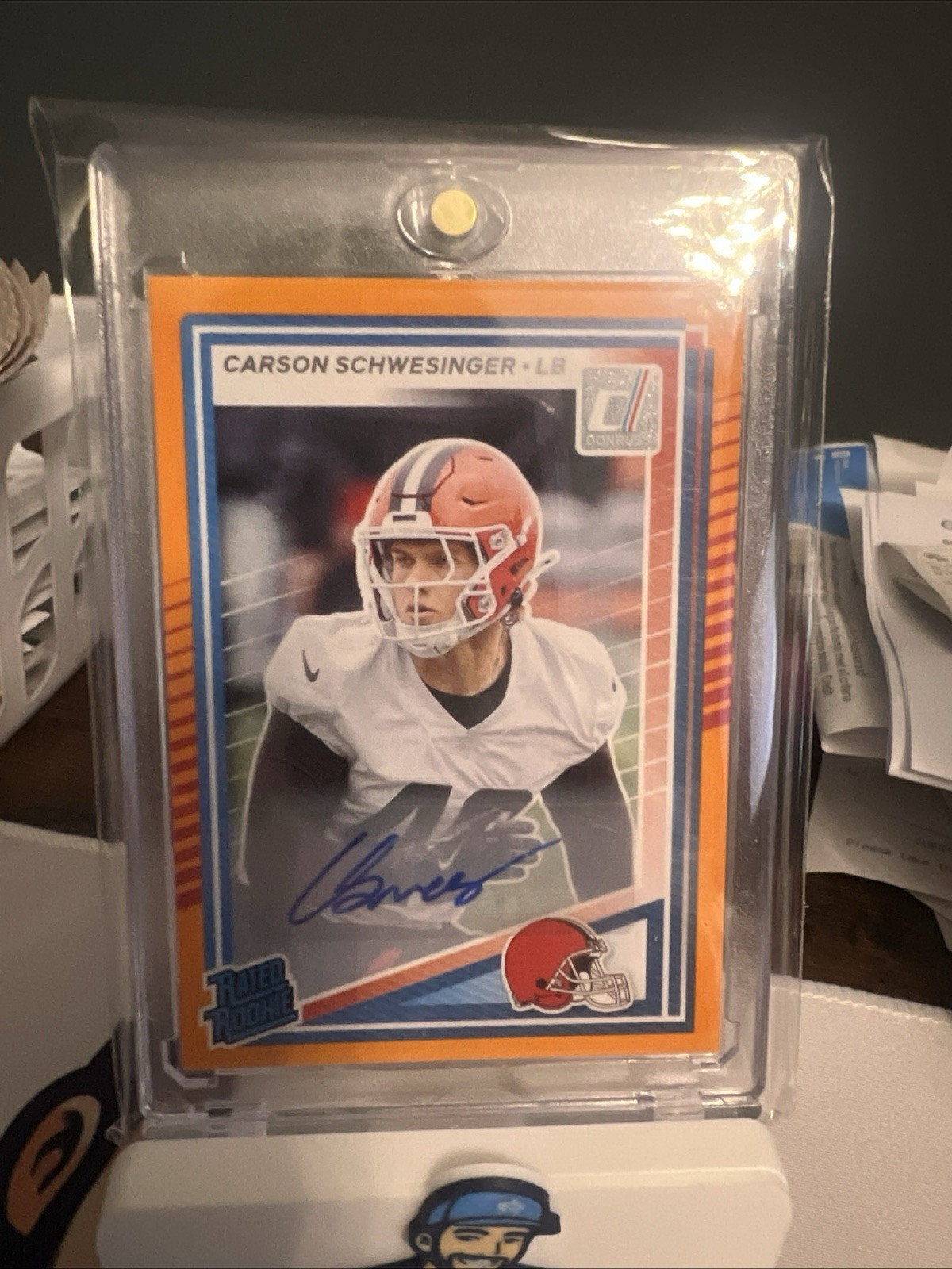 2025 Donruss Carson Schwesinger Rated Rookie #392 Orange RC Autograph Football