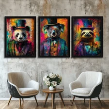 Colorful Gentleman Animal Trio Wall Art Panda Koala Sloth in Suits Set Of 3 Art