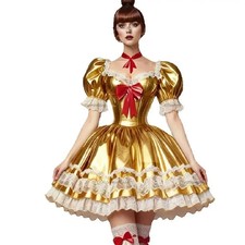 Metallic Gold Wedding Dress Cosplay A Line Puff Sleeve Iridescent Bridal Gowns