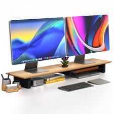 Solid Wood Dual Monitor Stand Riser   43" Oak Desk Shelf for 2 Monitors wi