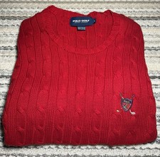 Vtg 90s Y2K Polo Golf Ralph Men  s Red Tartan Crest Cable Knit Sweater Medium