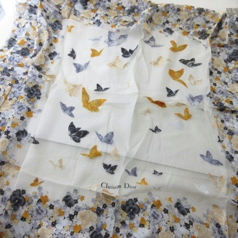 Christian Dior Scarf Floral Pattern Butterfly Silk Ivory Women'S Authentic thumbnail 3