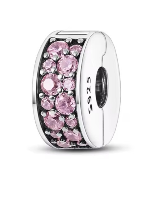 Pink Clip Charm Round 925 Sterling Silver Bracelet Universal Fit Accessory