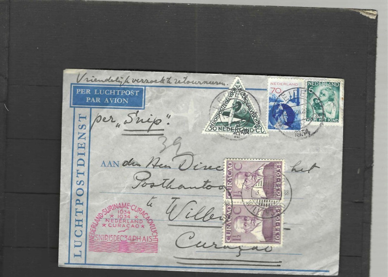 NETHERLANDS  CURACAO 1934 AIR SNIP SPECIAL CANCEL FRANKING!!  F #910