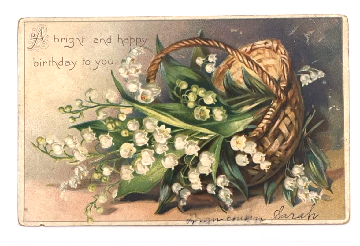 A Bright & Happy Birthday, Basket of Lily of the Valley Flowers TUCK Postcard