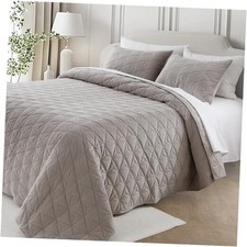 Luxury Velvet Quilt Set - 90"x90" Geometric Stitched Triple Queen Urban Taupe