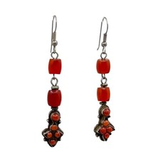 Vintage tribal sterling silver coral & carnelian drop earrings - GM367