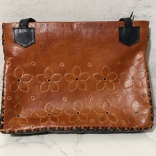 Hand Tooled Leather Embossed Floral Handbag 12  x9  Strap Drop 9  Zipper Pocket