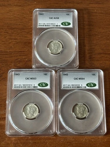 1943 Mercury Dimes Lot AU58, MS63, MS64 - CACG (not NGC/PCGS) Silver