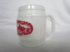 VINTAGE DUTCH WHITE MILK GLASS BARREL TANKARD MUG WITH RED TAVERN SCENE
