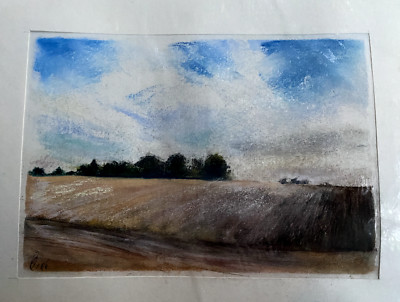 FRANZ EHMKE *1928-2018 PASTEL GDR DARK CLOUDS IN THE SKY FIELDS FIELD SIGNED