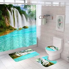 "4Pcs Waterfall Forest Waterproof Shower Curtain Sets, Waterfall Waterproof Sh..