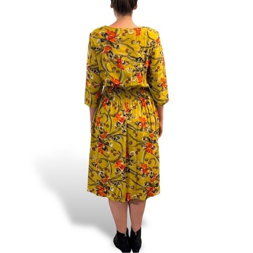 Abito midi donna toran vintage anni 80 stampa oliva vita fumè giallo verde floreale - Foto 4 di 7
