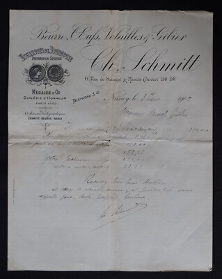 Rechnung 1905 NANCY BURGUNDSCHNECKE BUTTER EI GEFLÜGEL SCHMITT 149