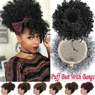 Afro Puff Hair Bun Bangs Drawstring Clip in Ponytail Kinky Curly Passion  Twist