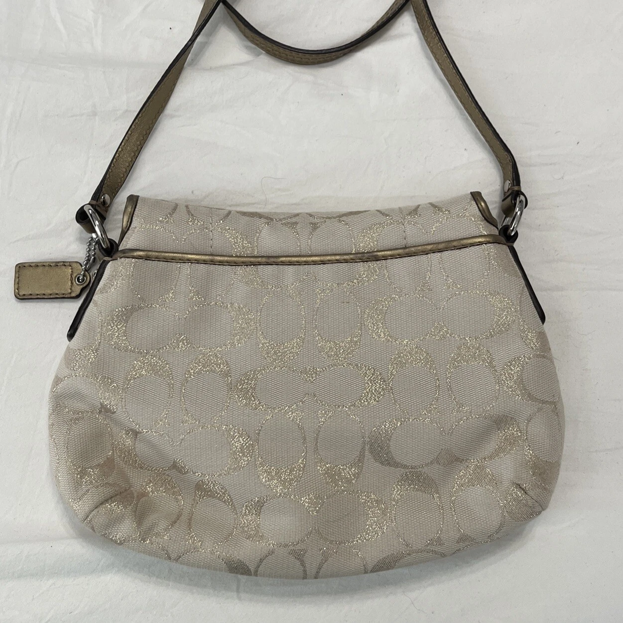 Borsa a tracolla Coach marrone e oro firmata jacquard fibbia patta