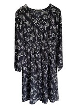 Allegra K Black Dark Floral Long Sleeve Dress Size Medium V-Neck A Line Smocked