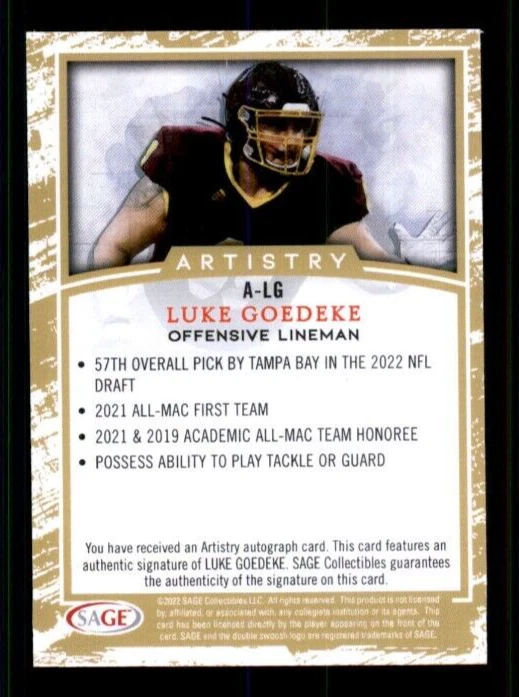 2022 SAGE HIT Autographs Black #ALG2 Luke Goedeke. - Image 2 of 2