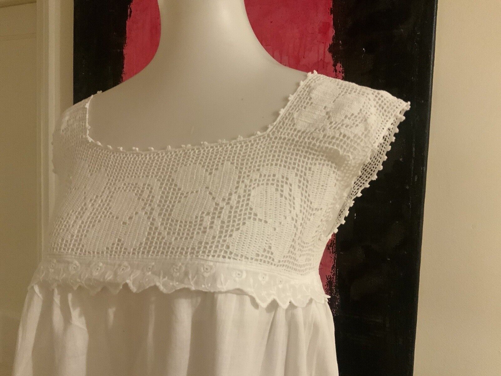 Victorian Nightgown White Cotton - Filet Lace - M - image 13