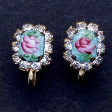 Vintage 50's Light Blue Turquoise Guilloche Enamel Rhinestone Screwback Earrings
