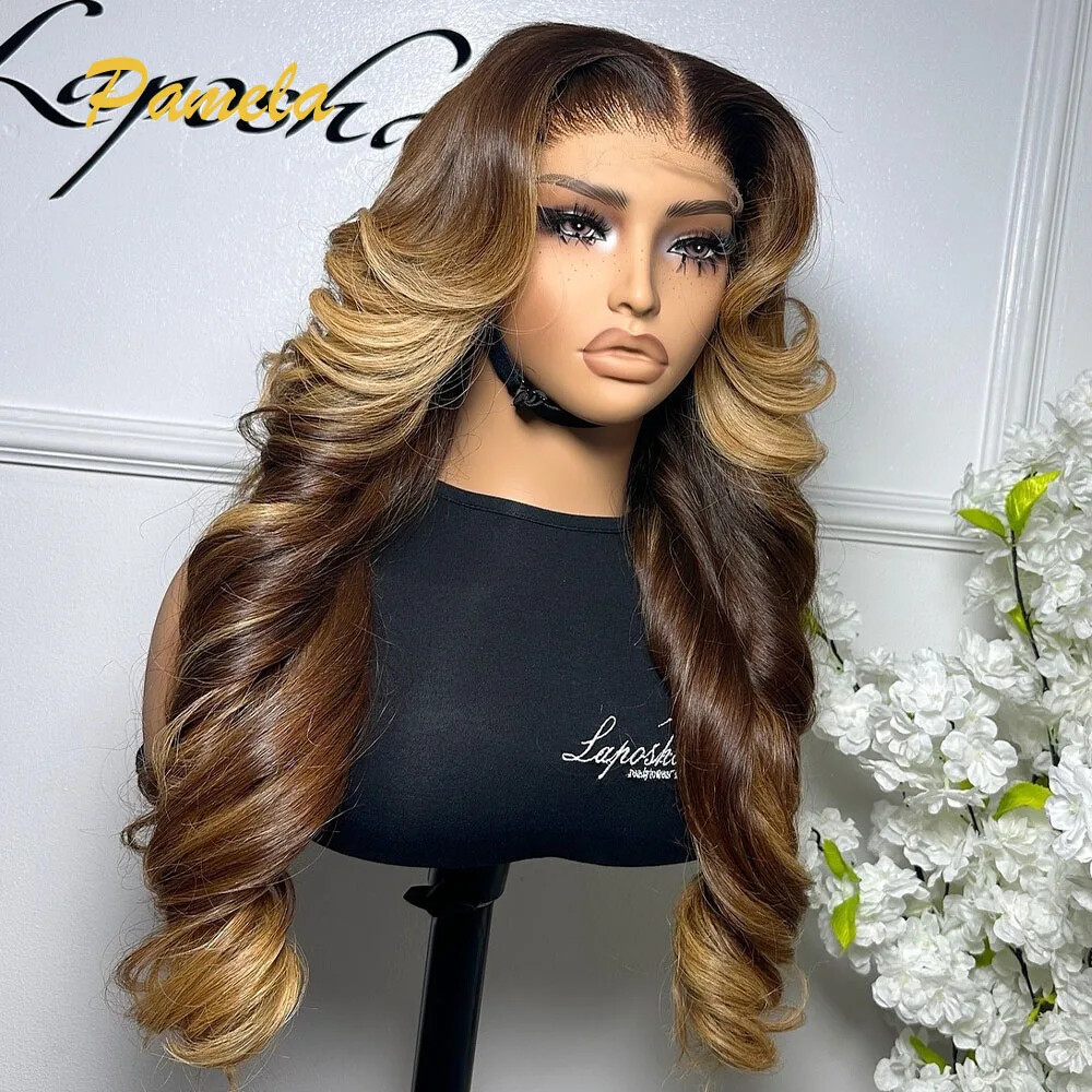 Transparent Glueless Lace Closure Wig Human Hair Body Wave Ombre 4/27 Color