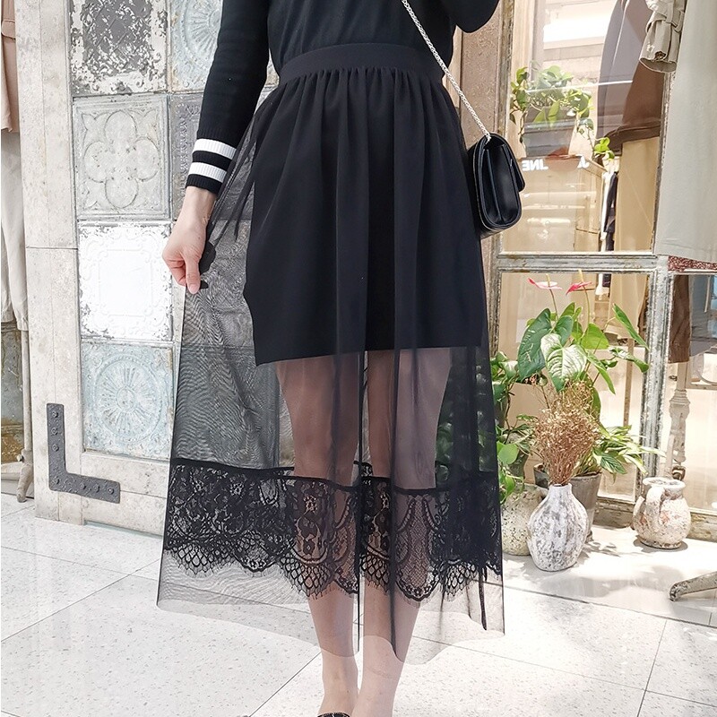 Ladies Mesh Lace Petticoat Skirt Sheer Midi Underskirt Half Slips A-line  Black