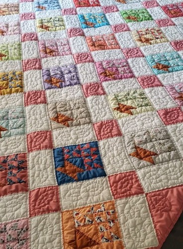 VTG Handmade Patchwork Diamond Quilt Flower Pot Design Homemade Twin Bed Pink - Picture 2 of 12