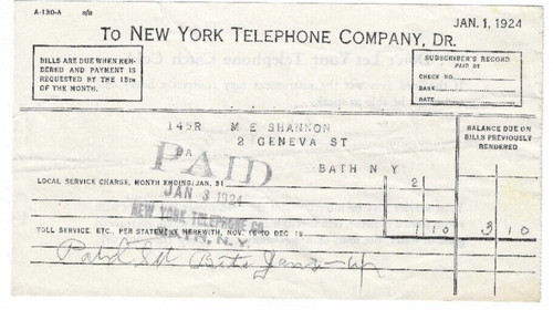 1924 Receipt, New York Telephone Company, M.E. Shannon, 2 Geneva St., Bath, NY