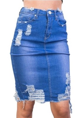DENIM CLUB   ZERRISSENER MIDI FIGURBETONT STRETCH BLAU JEANSROCK GRÖSSE 6 ODER 8 #RK6061