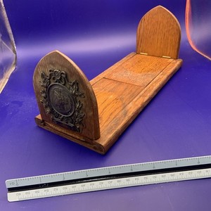 Antique c1870s Gothic Ornate Brass & Oak Wood Extending Book Slide Shelf Rack