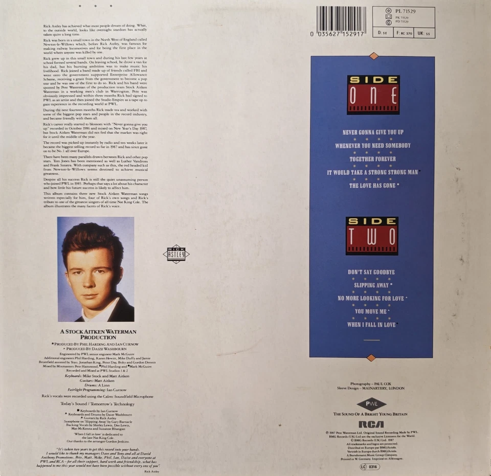 Rick Astley Whenever You Need Somebody Vinyl Record VG/VG PL 71529 1987 - Изображение 2 из 2