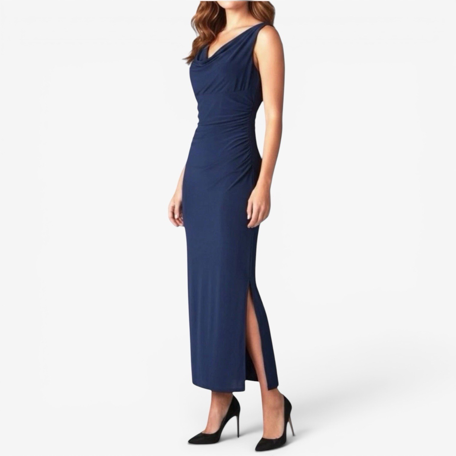 Lauren Ralph Lauren Evening Dress Size 10 Blue Maxi Ruched Sleeveless Stretch