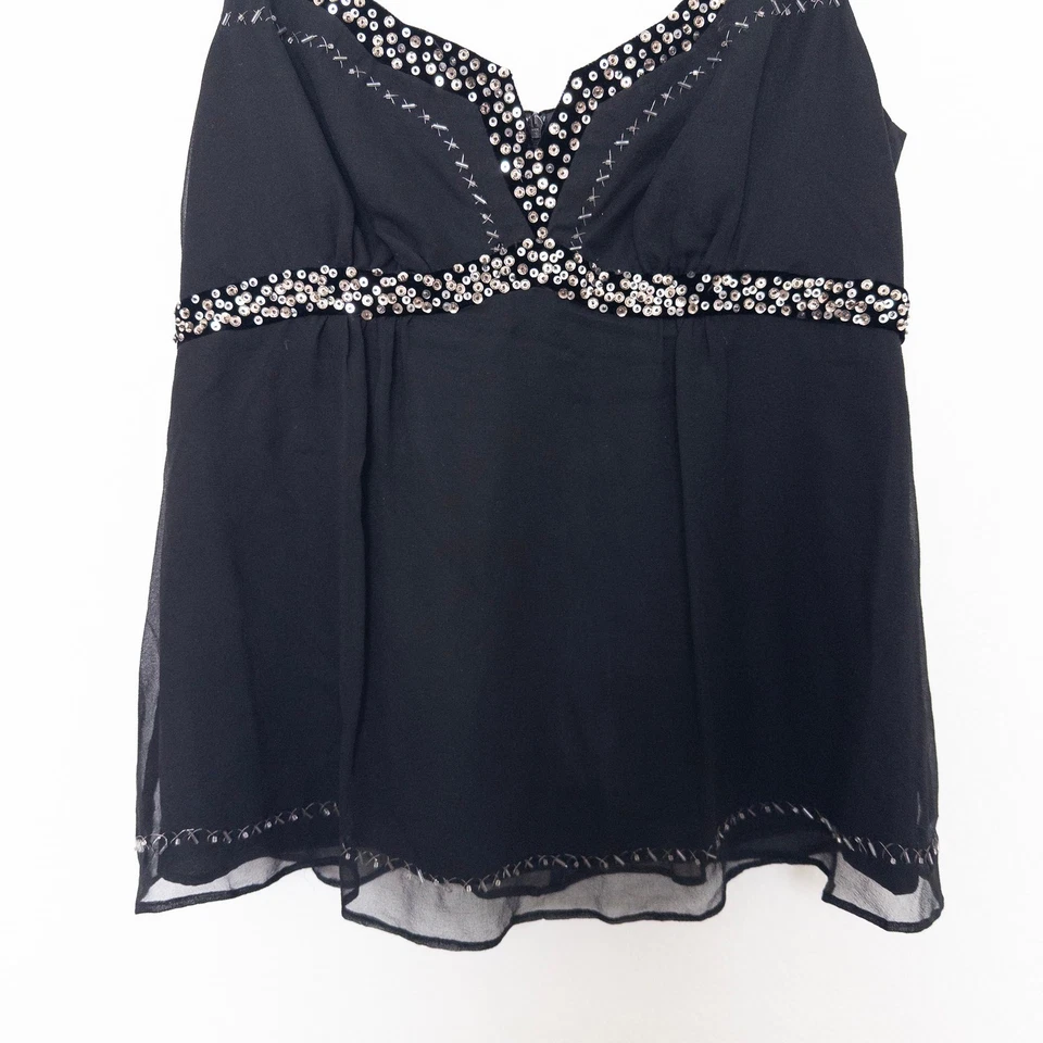 Top Babydoll Y2K Nanette Lepore Mujer Talla 6 Negro Seda Cuentas Fiesta Malla Glamour Foto 3 de 4
