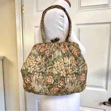 Vintage 50s tapestry floral Palazzo kisslock handbag formal cottage victorian