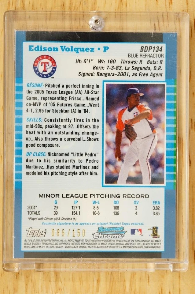 Edison Volquez 2005 Bowman Chrome Draft #BDP134 Blue Refractor 86/150 Rangers Foto 2 de 2